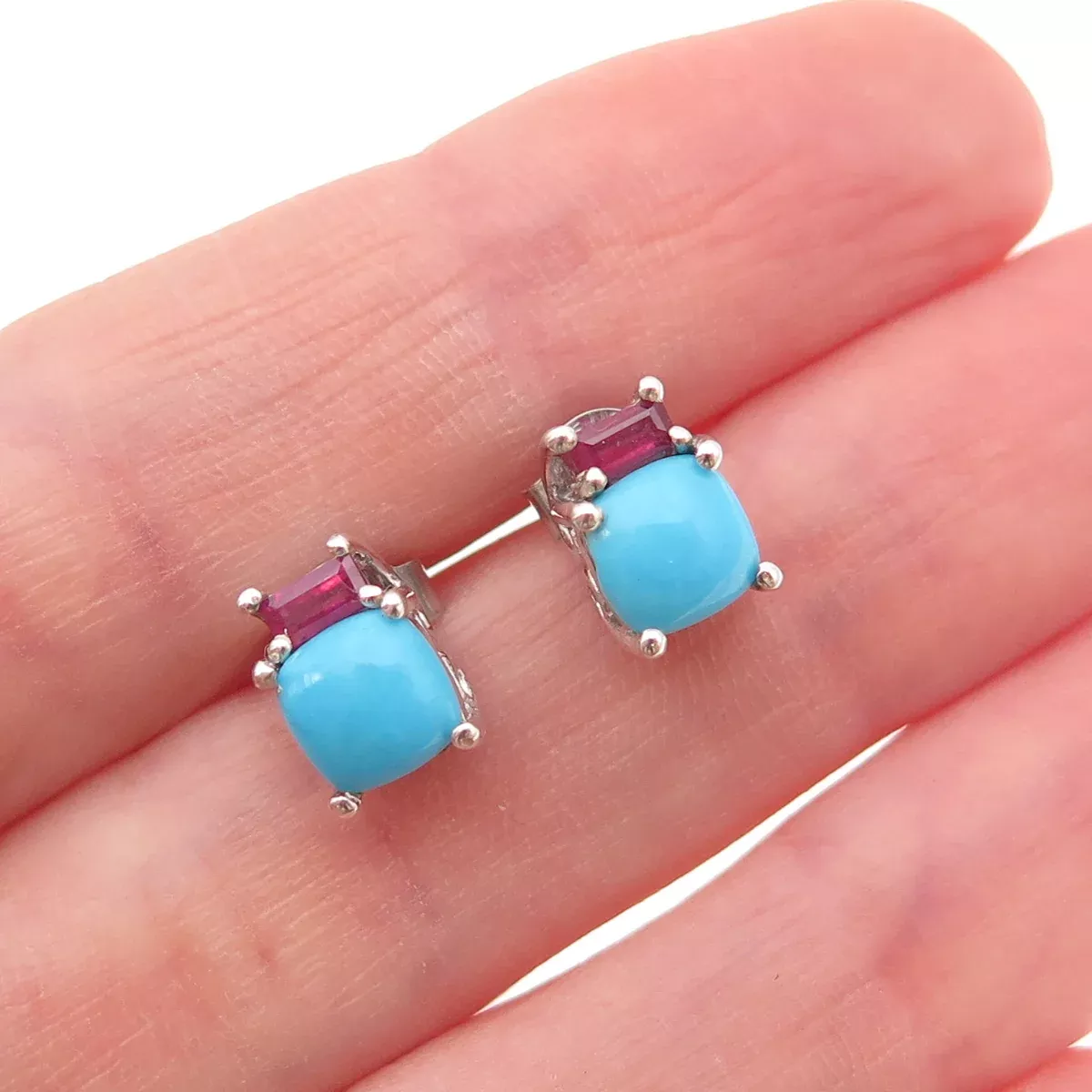 Chuck Clemency 925 Sterling Silver Real Turquoise & Ruby Stud Earrings