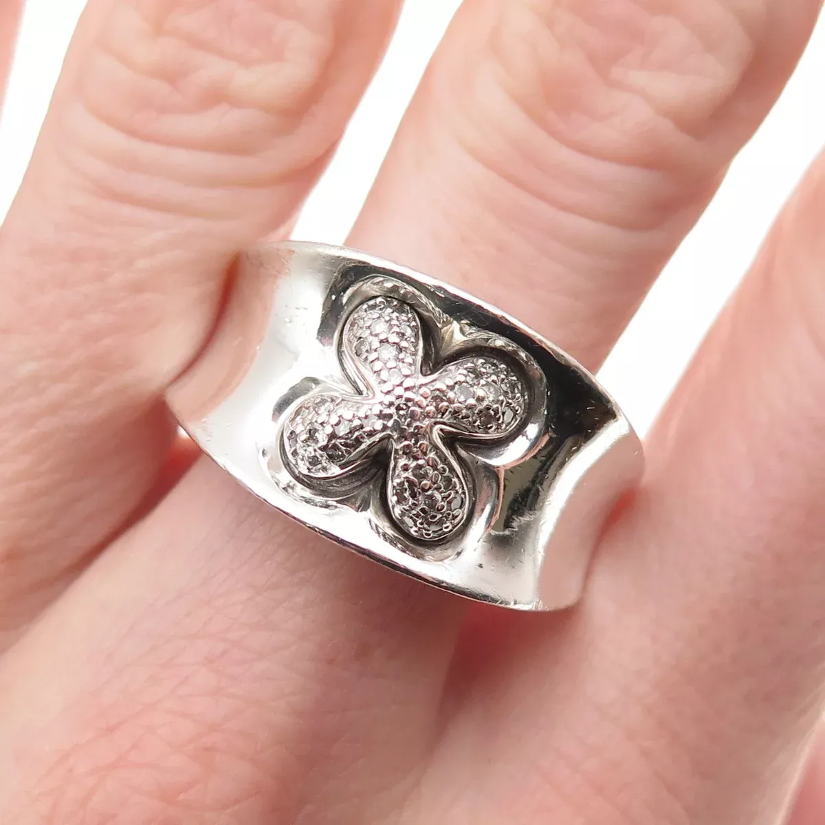 CNA Pranda 925 Sterling Silver Real Round-Cut Diamond Floral Ring Size 10