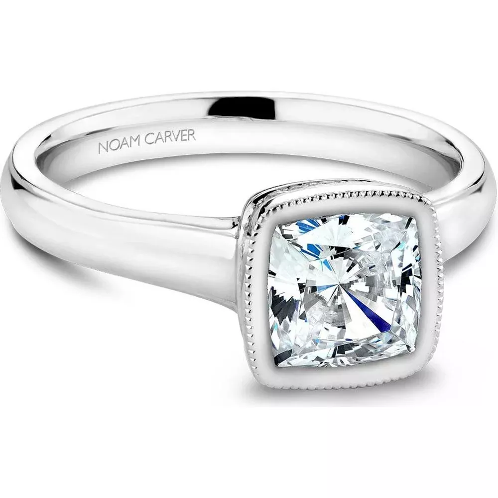 Cushion Cut Diamond Engagement Ring with Bezel Setting and Micro-Pavé Halo in White Gold by Noam Carver - Choose Your Center Diamond: 1 to 5 Carats, Sustainable Lab-Grown or Natural Earth-Mined