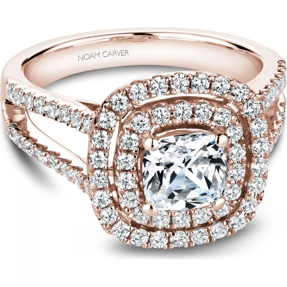 Cushion Cut Diamond Engagement Ring with Double Halo, Pavé Split Shank, and Lattice Gallery in White Gold by Noam Carver - Choose Your Center Diamond: 1 to 5 Carats, Sustainable Lab-Grown or Natural Earth-Mined
