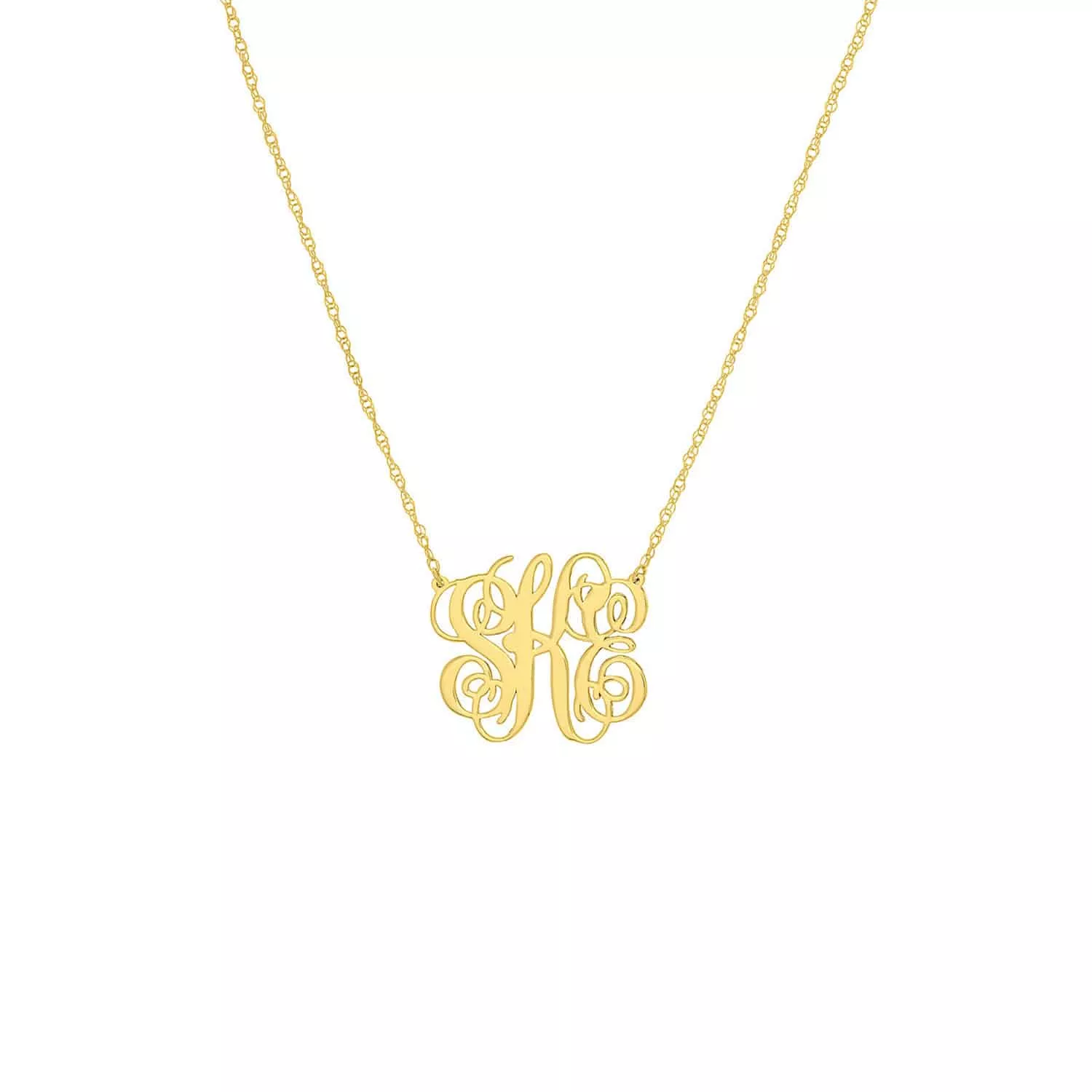 Customizable 14K Yellow Gold Script Monogram Nameplate Necklace (Solid Links) 14"-18" Adjustable