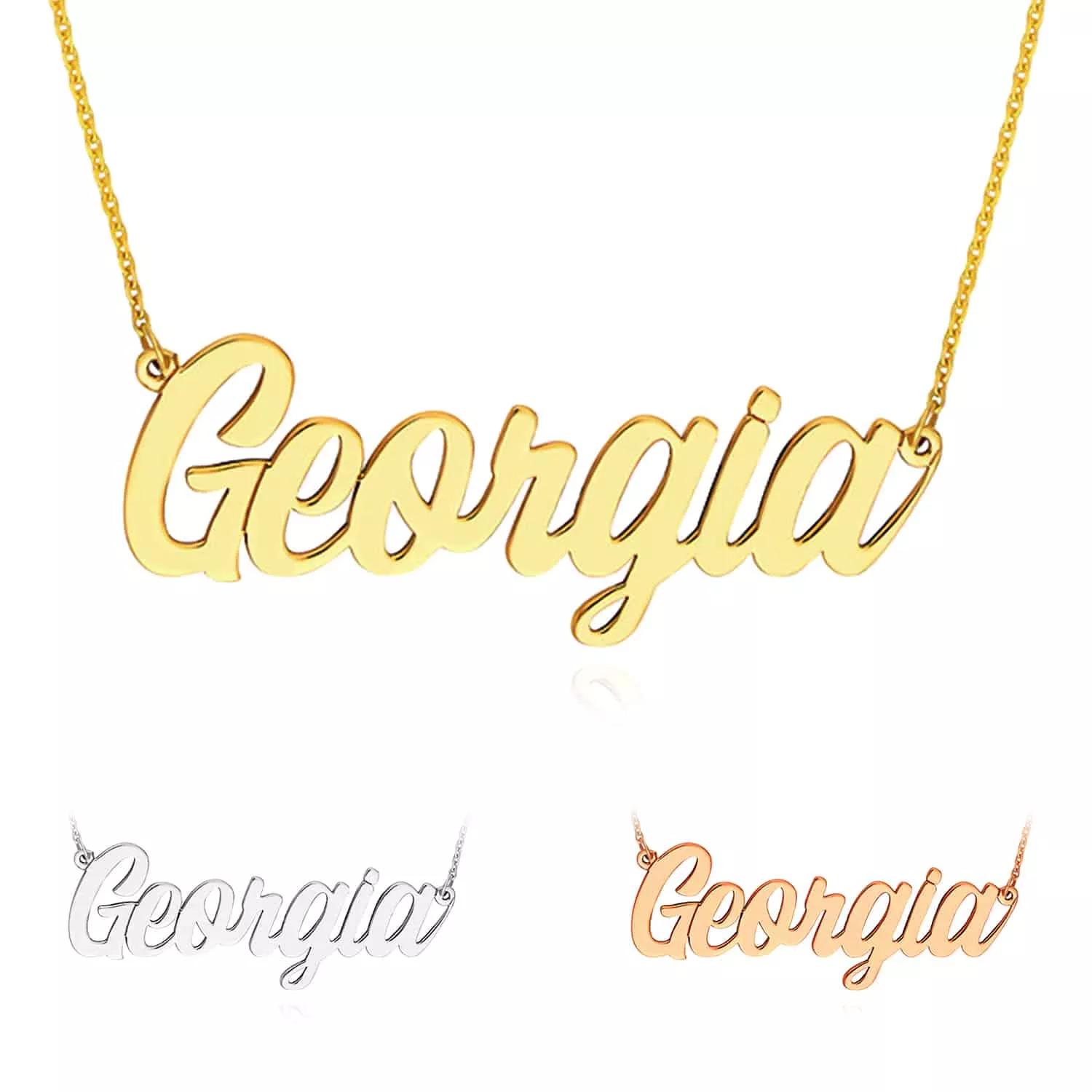 Customizable 14K Yellow White Rose Gold Script Nameplate Necklace (Solid Links) 14"-18" Adjustable