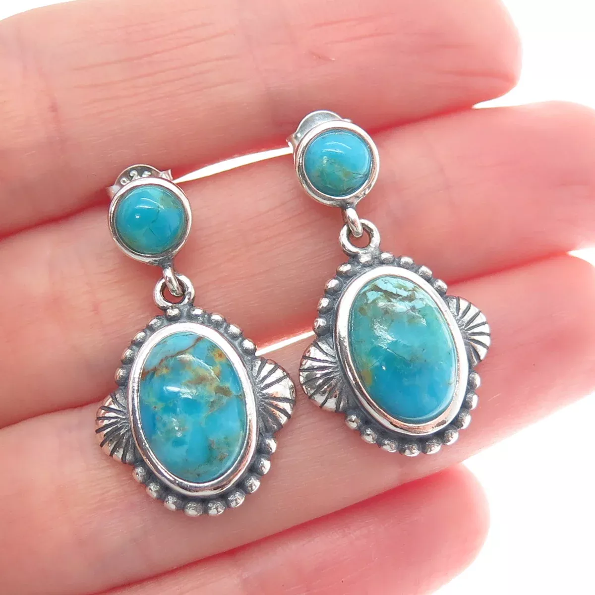 DESERT WIND 925 Sterling Silver Southwestern Real Turquoise Dangle Earrings