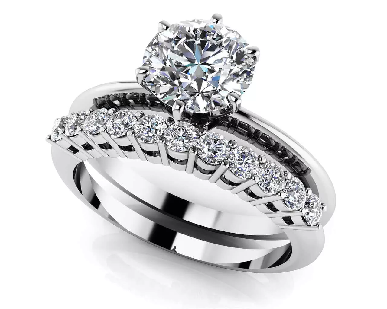 Diamond Solitaire Studded Band Bridal Set .90 Carat Total Weight