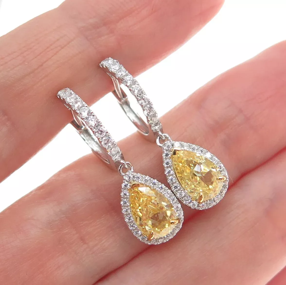 DSMK Sterling Silver Pear-Cut Canary & Round-Cut White C Z Hoop Dangle Earrings