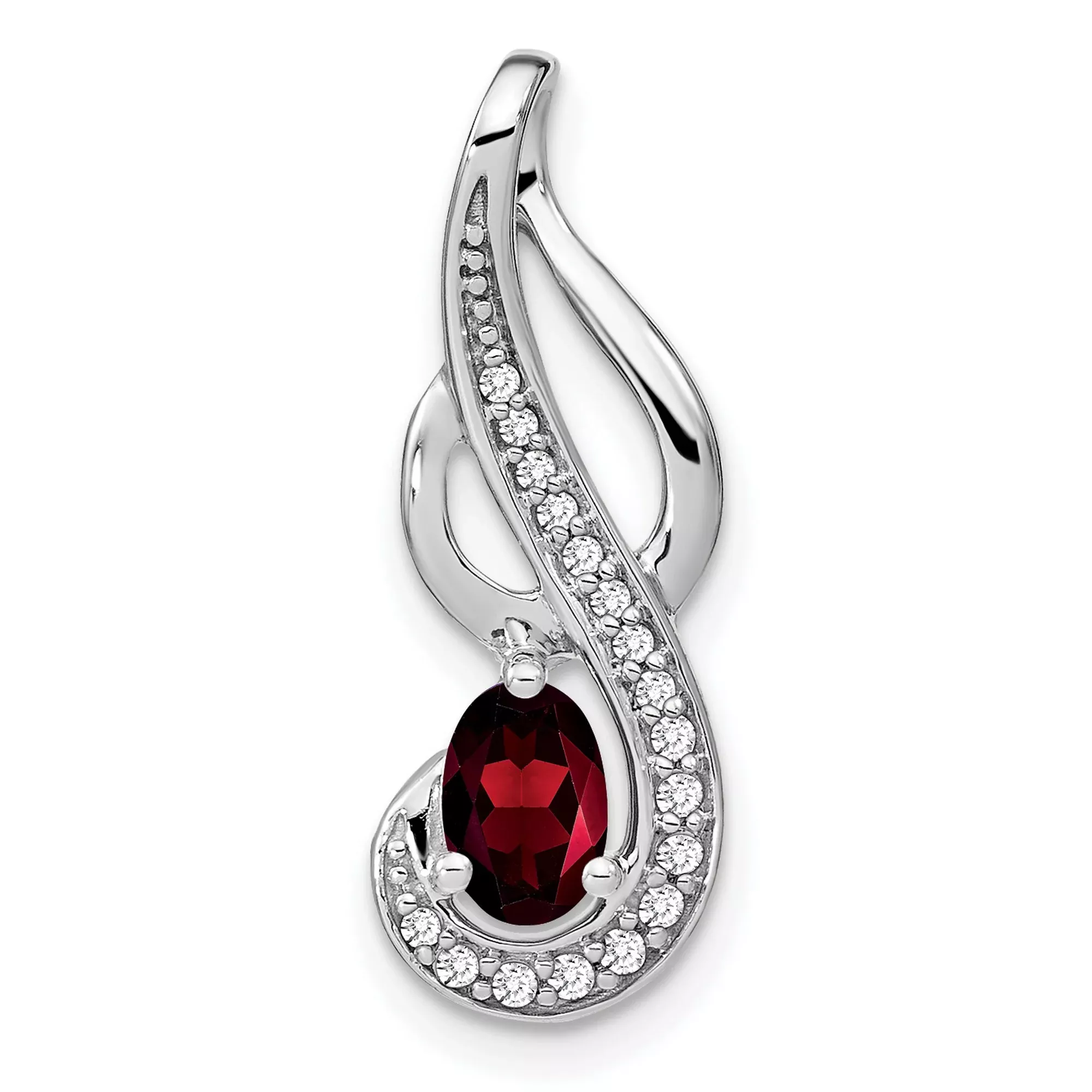 Garnet and Diamond Swirl Charm Pendant in Real 14k White Gold