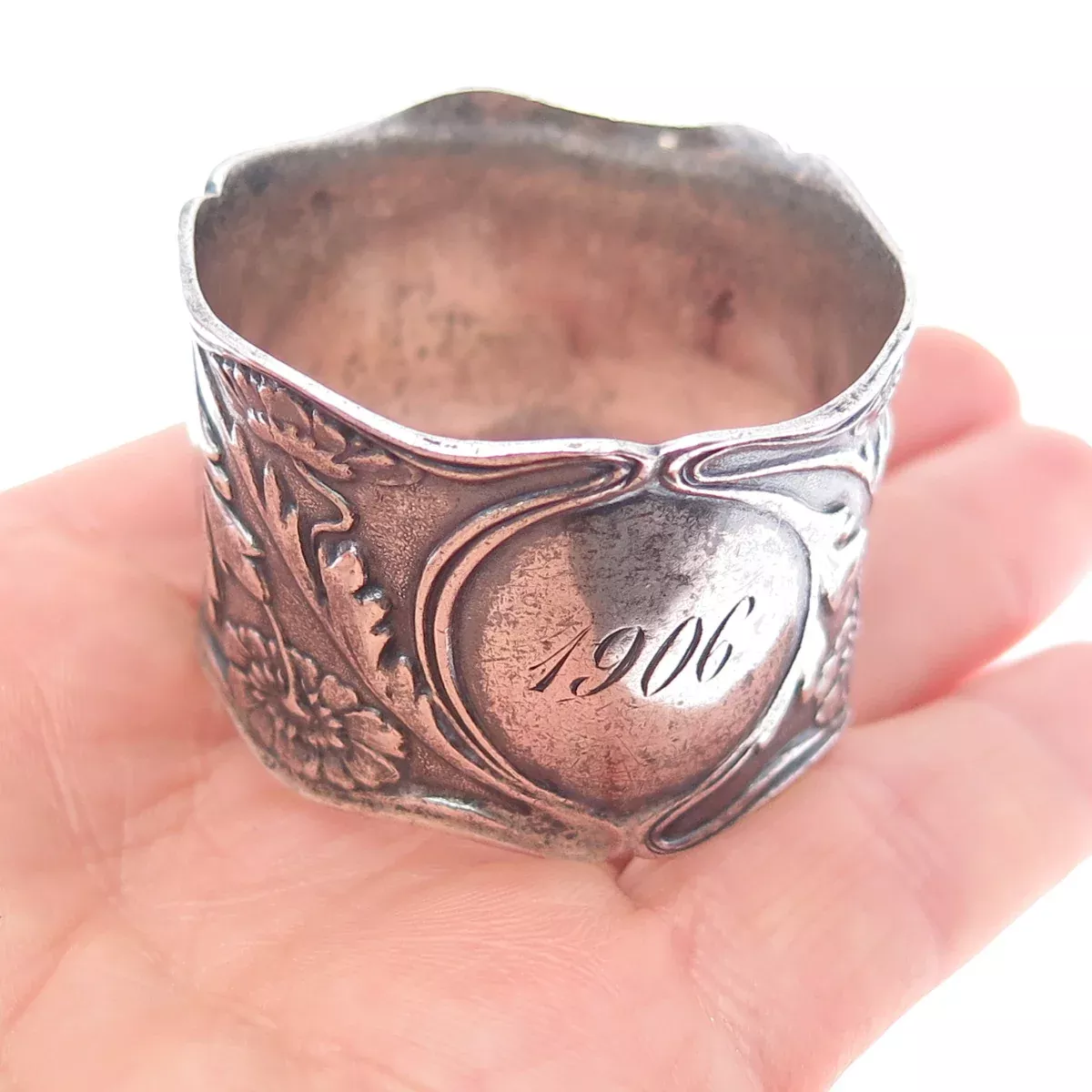 GORHAM Sterling Silver Antique 1906 Engraved Flower Oxidized Napkin Ring Holder