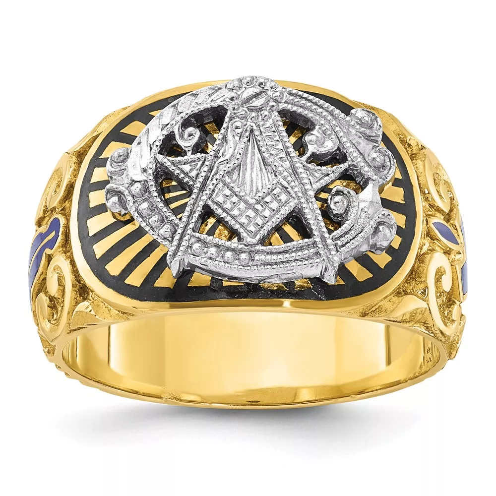 IBGoodman 14k Two-tone Men’s Polished and Textured with Multi-color Enamel Blue Lodge Master Masonic Ring