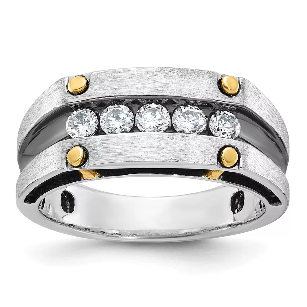 IBGoodman 14k Two-tone with Black Rhodium Men’s Polished Satin and Grooved 5-Stone 1/4 Carat AA Quality Diamond Ring