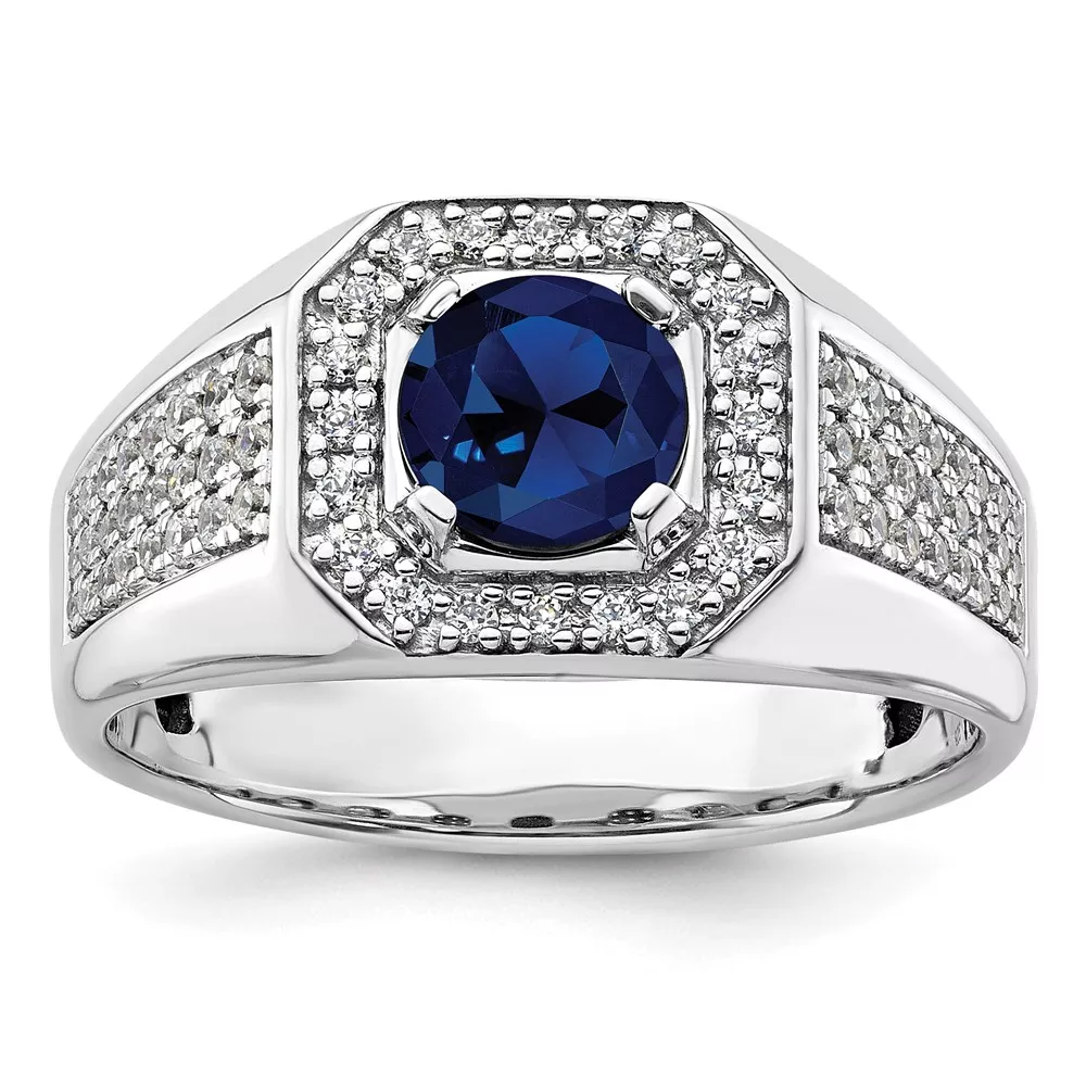 IBGoodman 14k White Gold 1/2 carat Lab Grown Diamond VS/SI+ G+ and Created Blue Sapphire Complete Men’s Ring