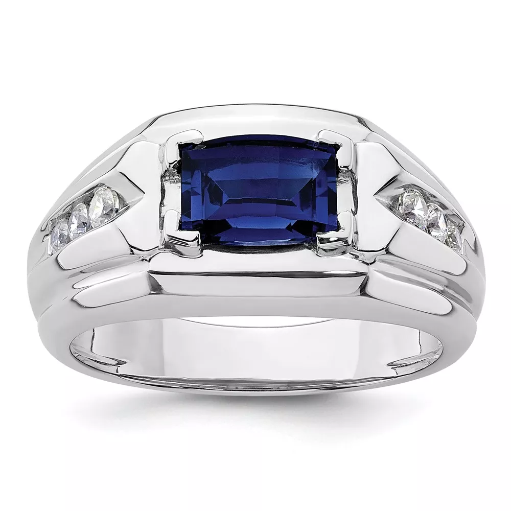 IBGoodman 14k White Gold 1/4 carat Lab Grown Diamond VS/SI+ G+ and Lab Created Blue Sapphire Complete Men’s Ring