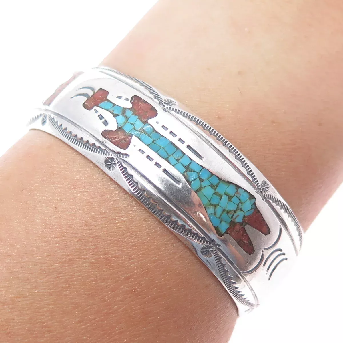 JIMMIE NEZZIE Old Pawn Sterling Turquoise Coral Inlay Adjustable Bracelet 6.25