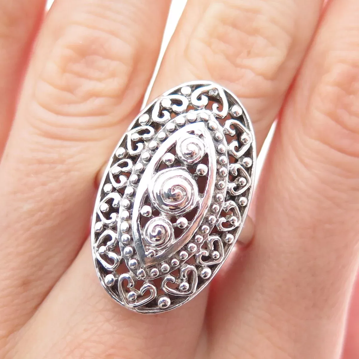 KEN CRAFTS 925 Sterling Silver Vintage Rose Flower Heart Oxidized Ring Size 6.75