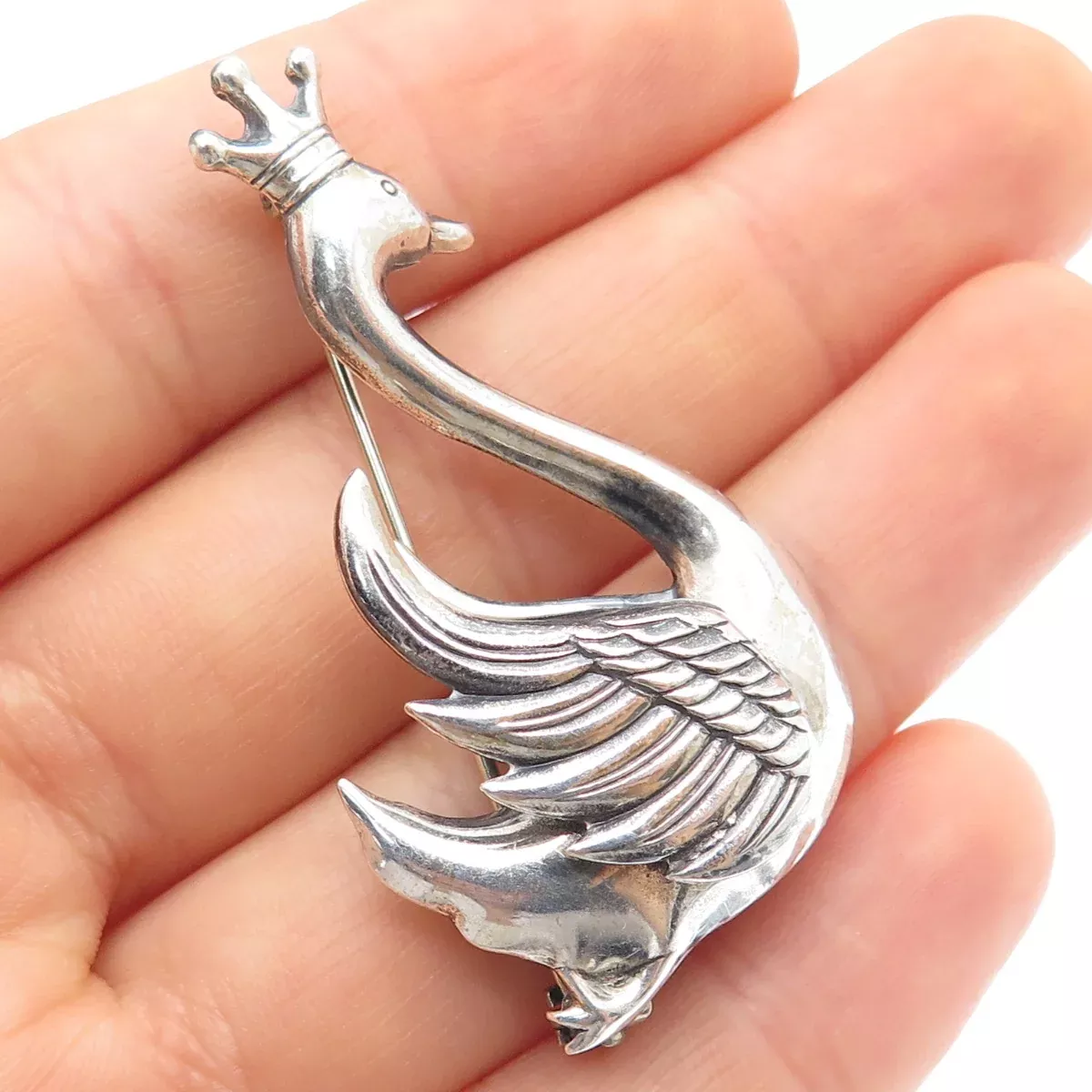 LANG 925 Sterling Silver Vintage Crown Swan Bird Oxidized Pin Brooch