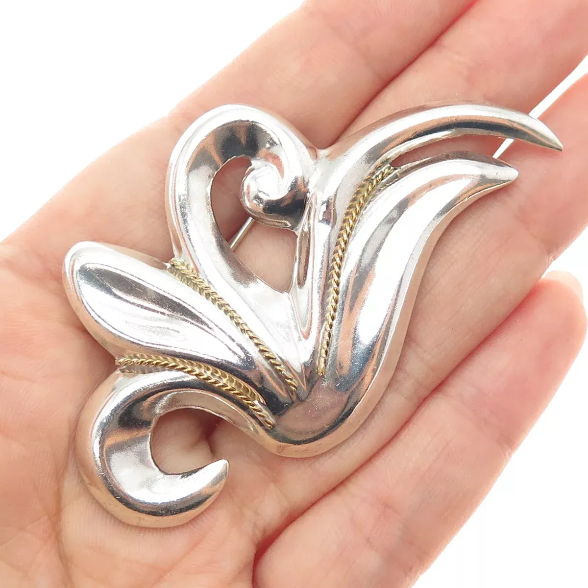 LATON 925 Sterling Silver 2-Tone Vintage Mexico Modernist Floral Pin Brooch