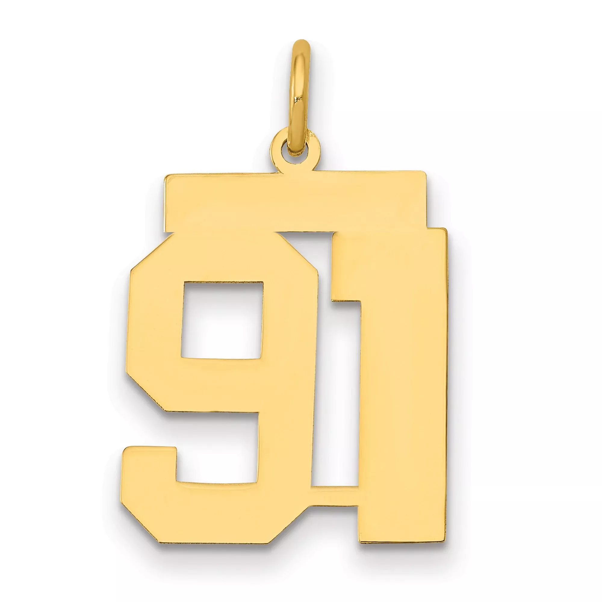 Medium Polished Number 91 Charm Pendant in Real 14k Yellow Gold