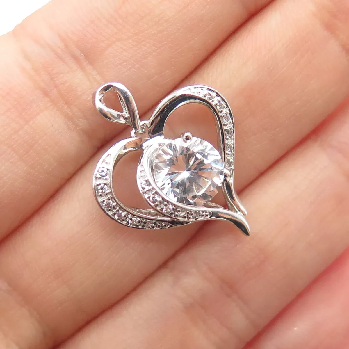 MICHELLE ALBALA 925 Sterling Silver Real White Topaz Heart Charm Pendant