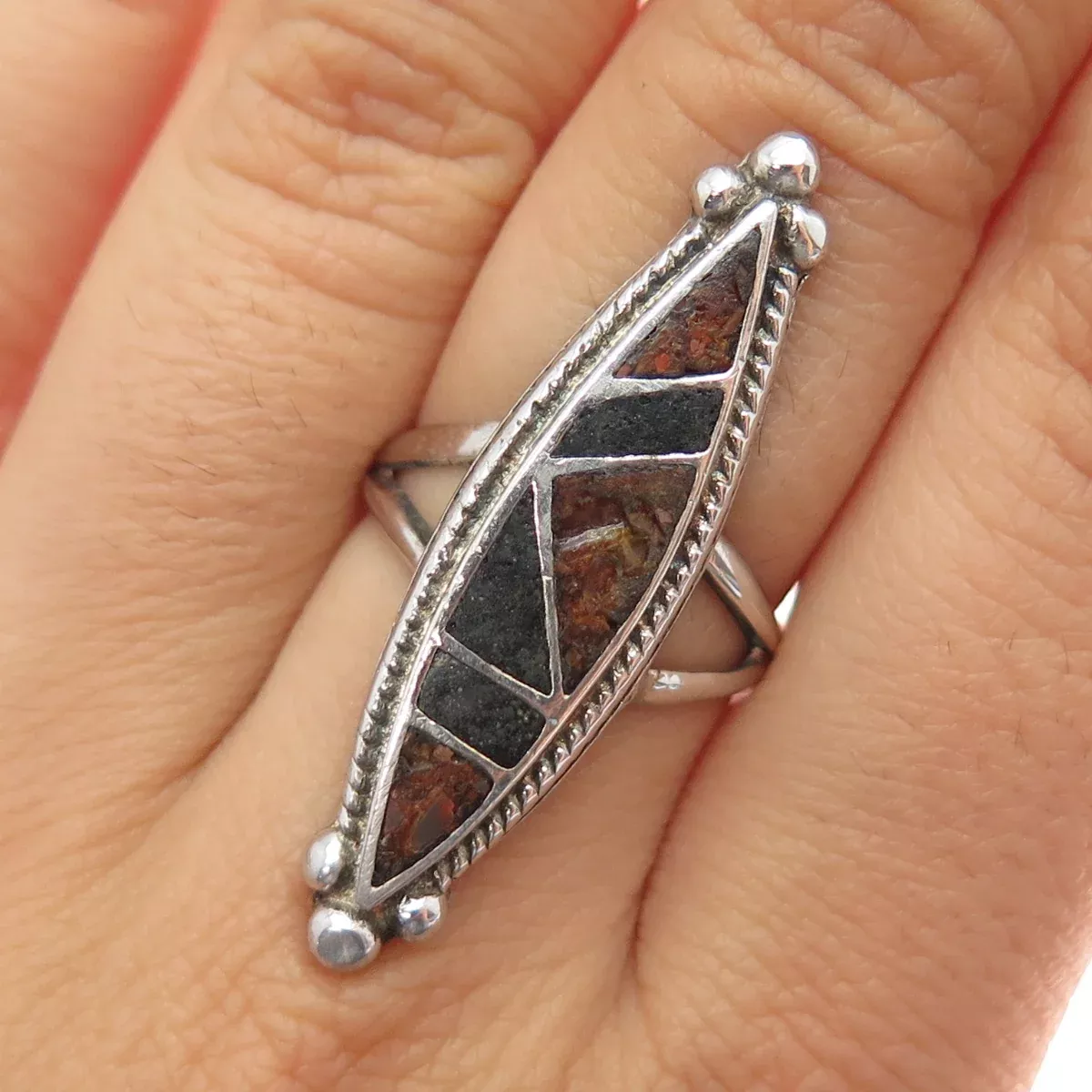 Old Pawn 925 Sterling Silver Vintage Jasper Black Onyx Inlay Tribal Ring Size 7