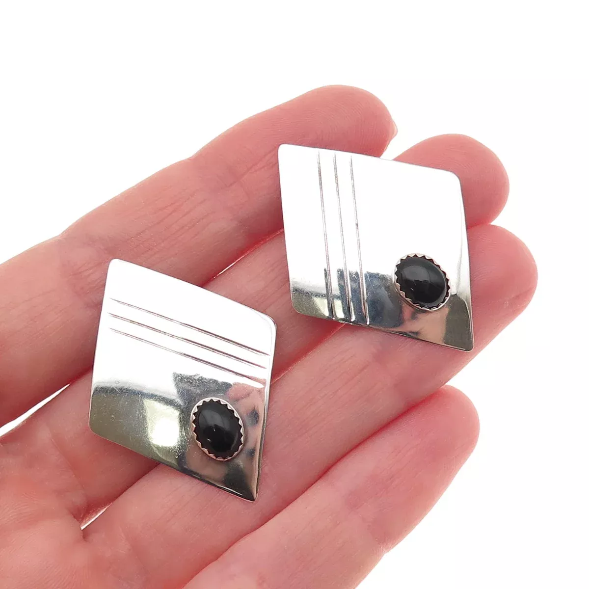 Old Pawn 925 Sterling Silver Vintage Southwestern Black Onyx Tribal Earrings