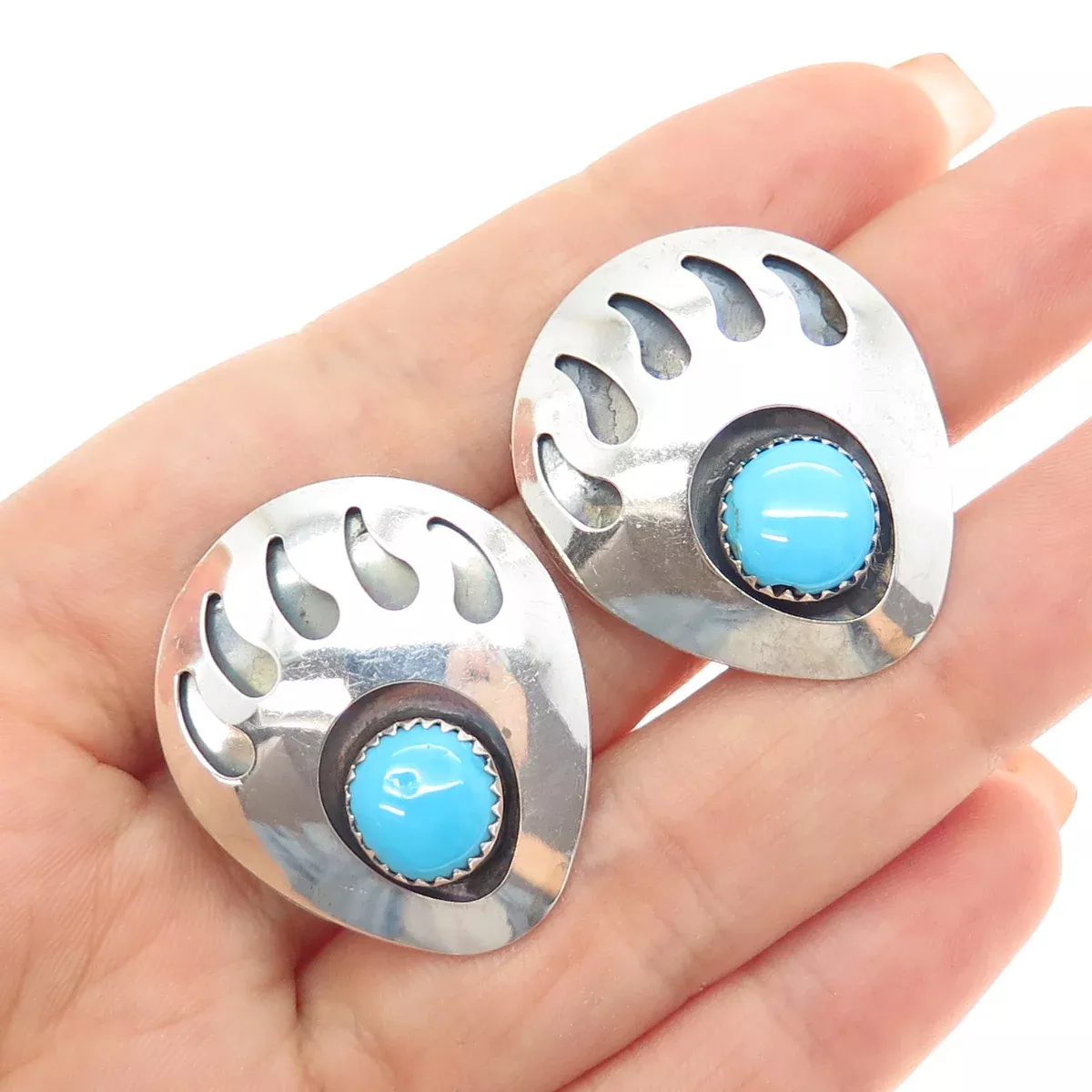 Old Pawn 925 Sterling Silver Vintage Turquoise Bear Paw Tribal Clip On Earrings