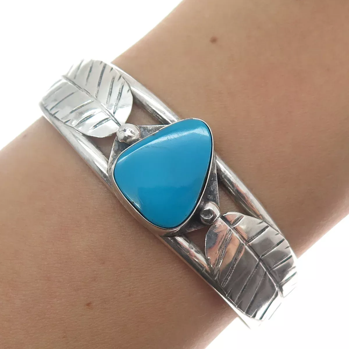 Old Pawn 925 Sterling Silver Vintage Turquoise Gem Leaf Adjustable Bracelet 5.5