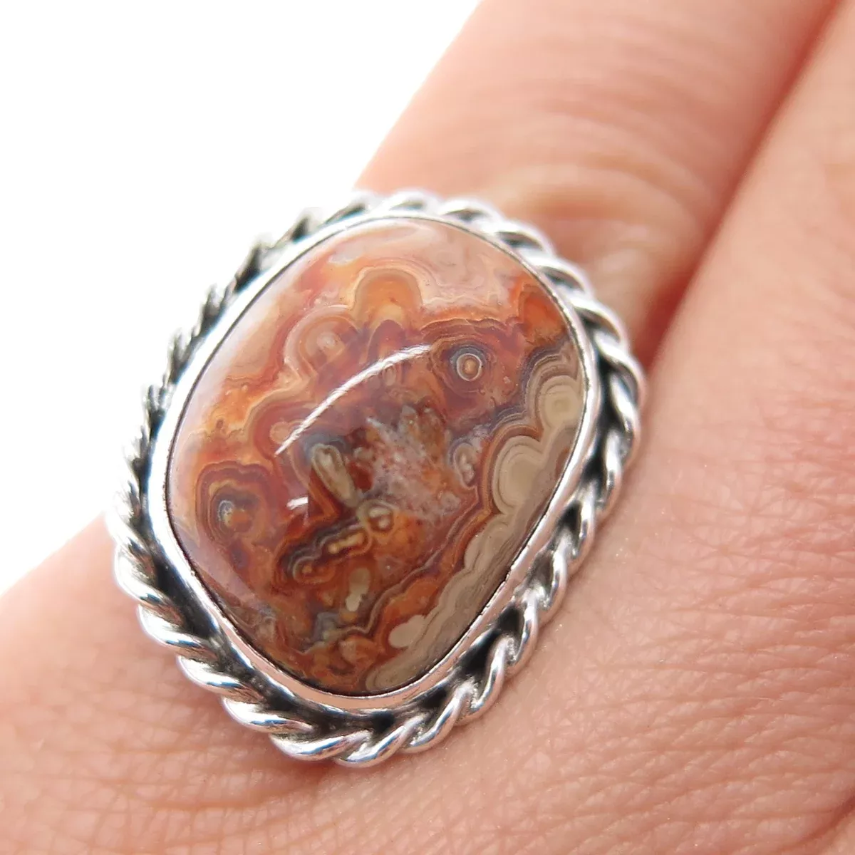 Old Pawn Sterling Silver OLG Artisan Agate Southwestern Tribal Ring Size 5.25