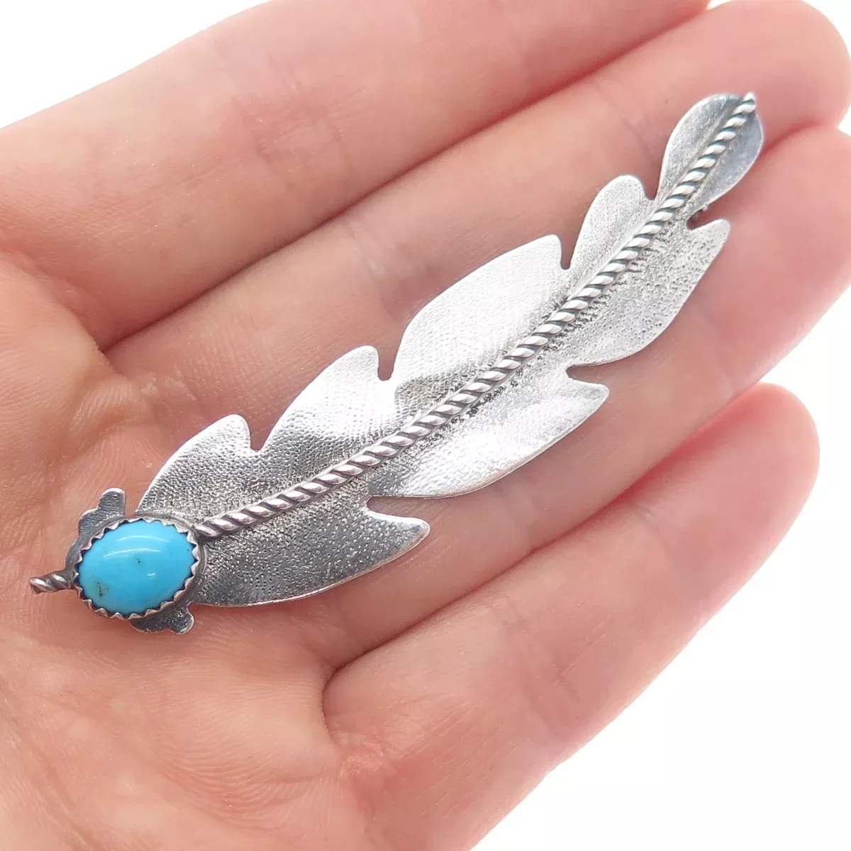 Old Pawn Sterling Silver Vintage Southwestern Turquoise Feather Tribal Brooch