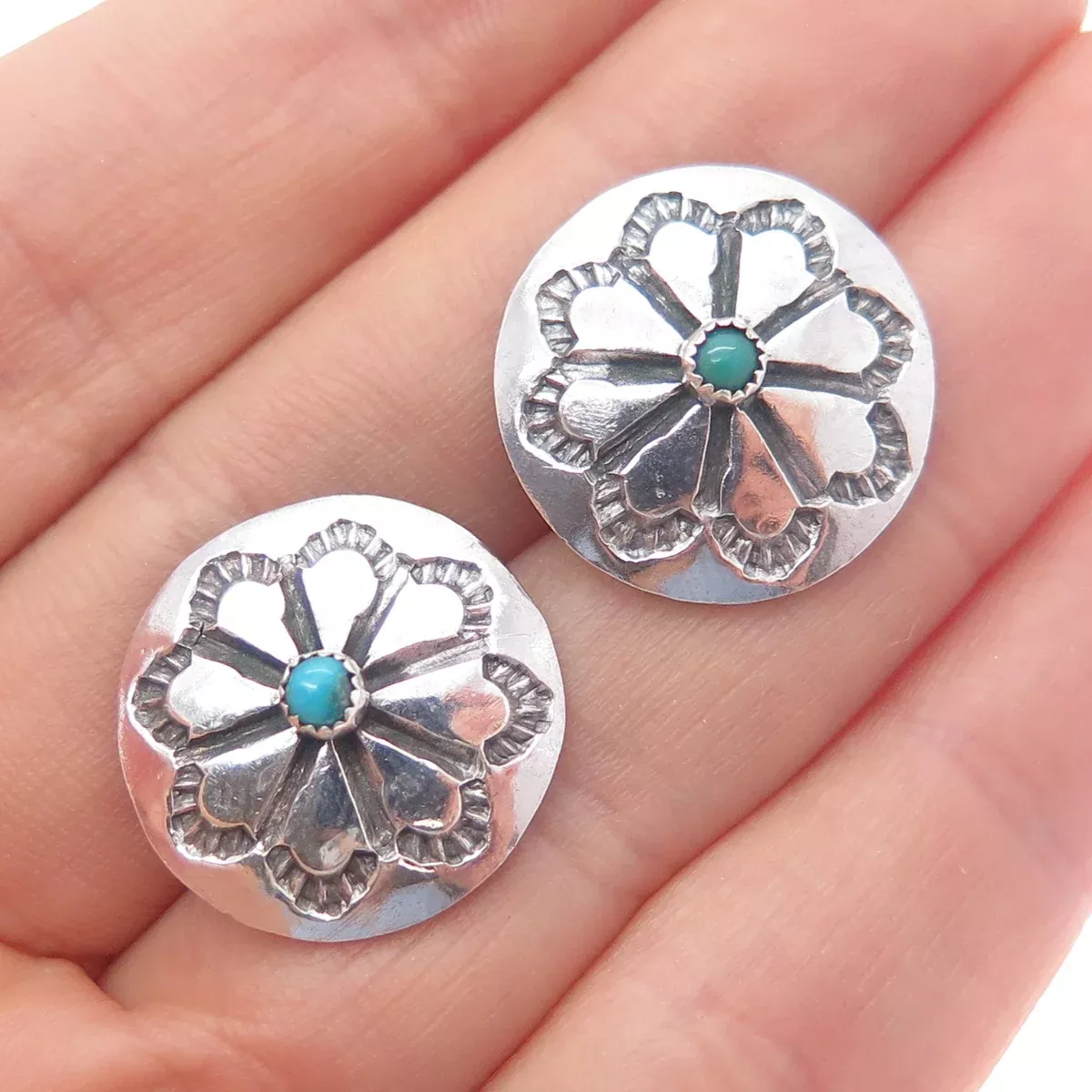 Old Pawn Sterling Silver Vintage Southwestern Turquoise Flower Concho Earrings