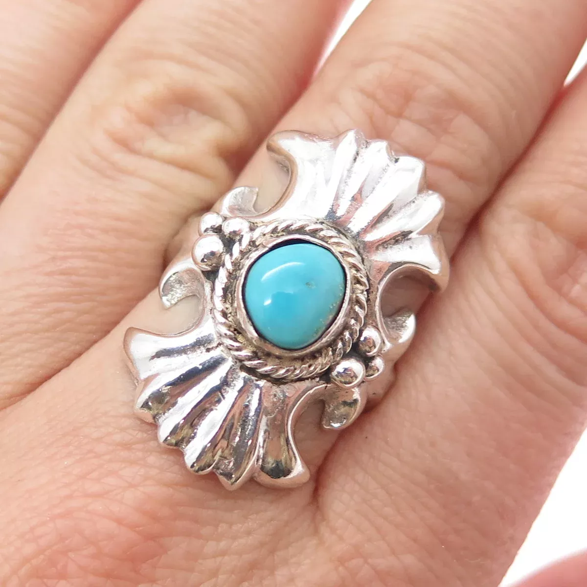 Old Pawn Sterling Silver Vintage Southwestern Turquoise Tribal Ring Size 7.25