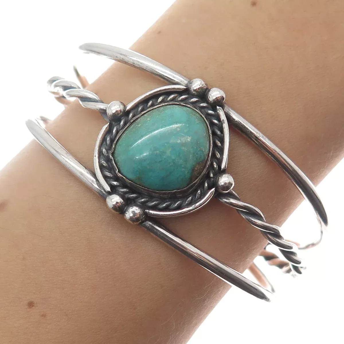 Old Pawn Sterling Silver Vintage Tyrone Turquoise Adjustable Cuff Bracelet 6.5
