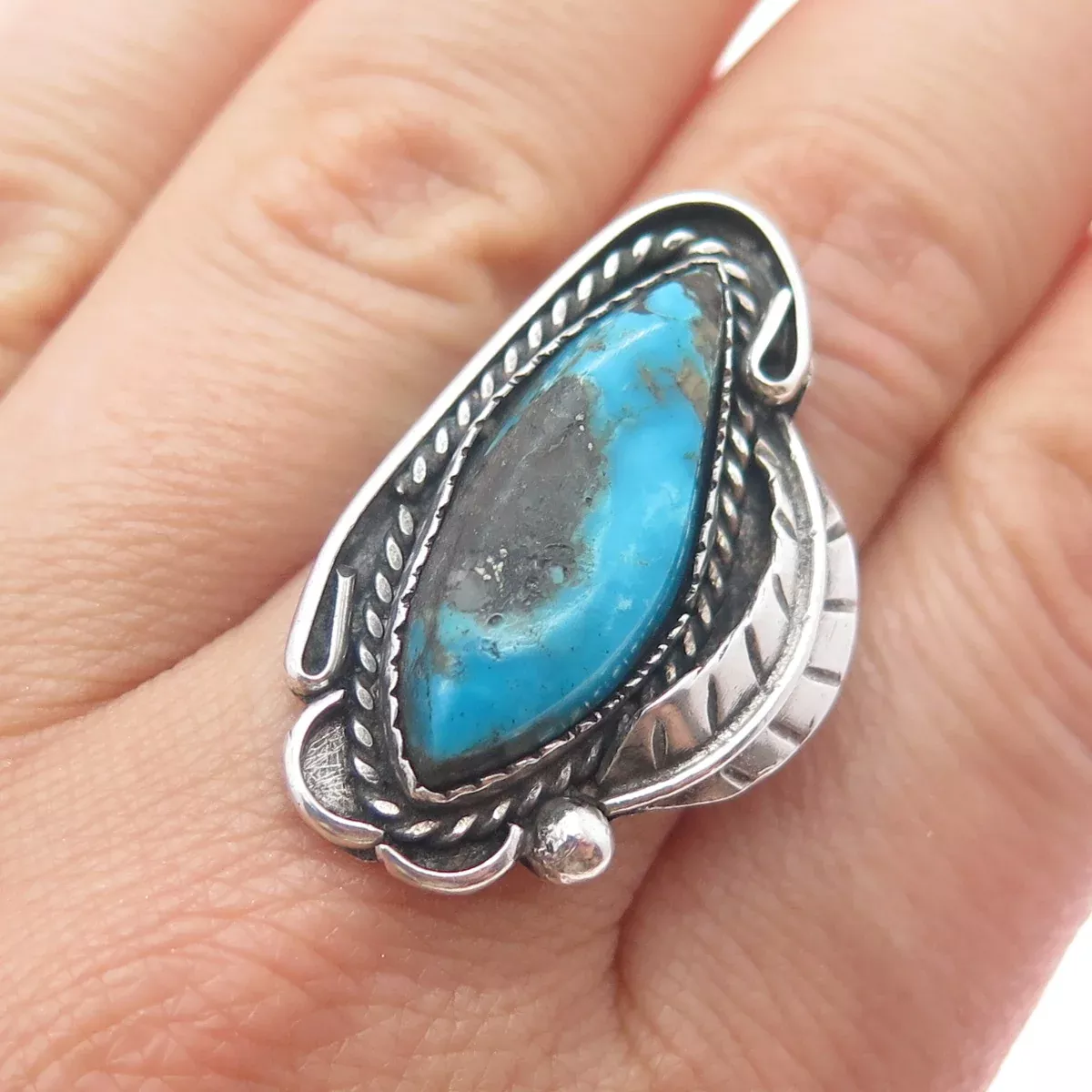 Old Pawn Sterling Vintage Southwestern Bisbee Turquoise Feather Ring Size 7.75