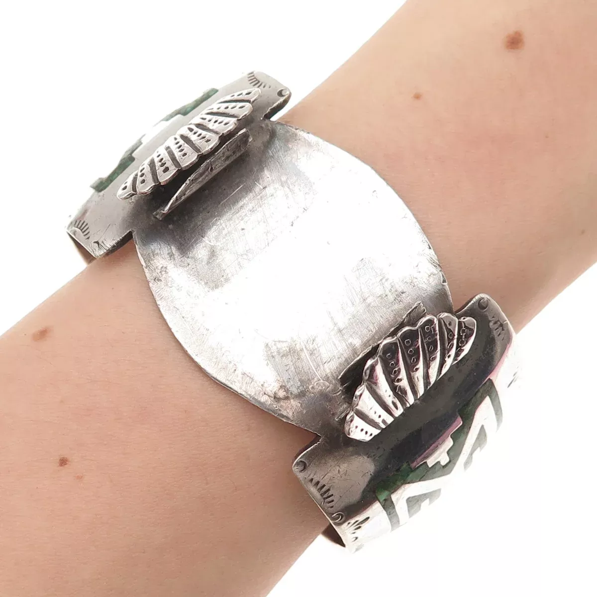 Old Pawn Sterling Vintage Turquoise Coral Inlay Adjustable Watch Bracelet 6.5