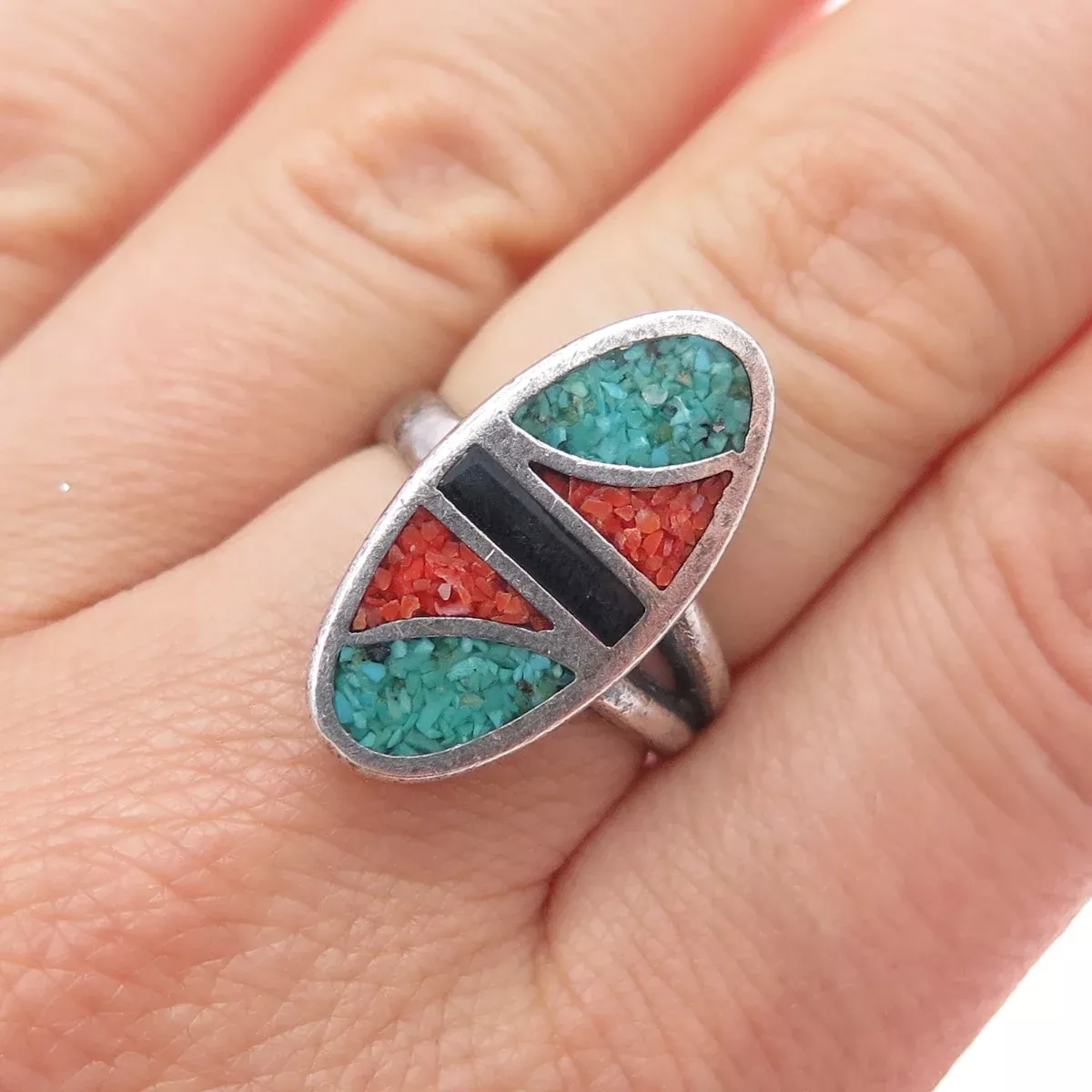 Old Pawn Sterling Vintage Turquoise Coral Inlay & Onyx Adjustable Ring Size 7.5