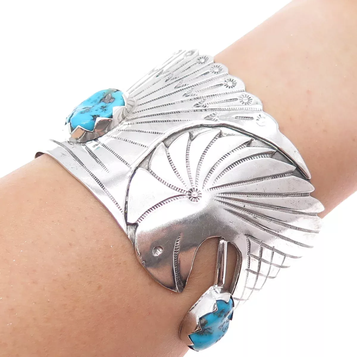 Old Pawn Sterling Vintage Turquoise Eagle Heavy 101.6g Adjustable Bracelet 7.25