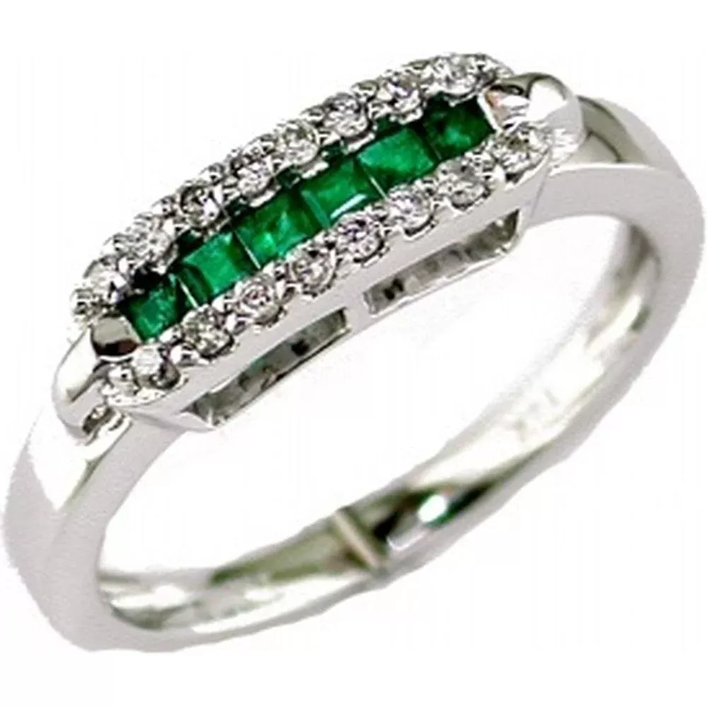 Opulent 14K White Gold Princess-Cut Emerald and Diamond Ring