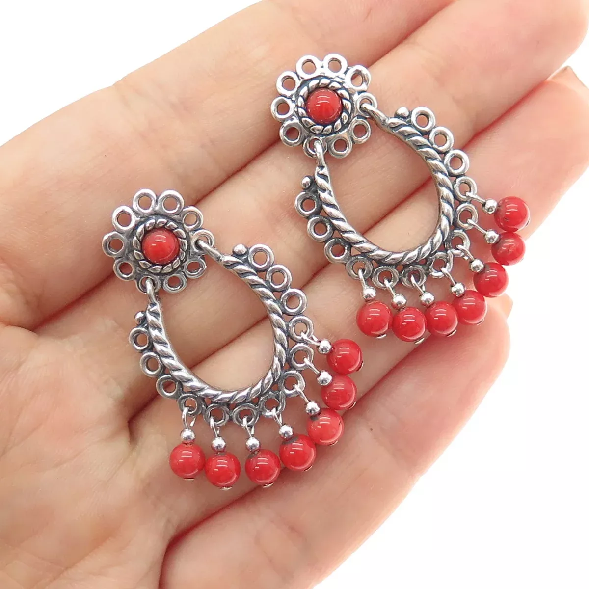 QUOC TURQUOISE Old Pawn 925 Sterling Silver Vintage Coral Tribal Dangle Earrings