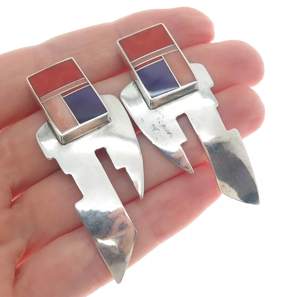 RAY TRACEY & KNIFEWING Old Pawn 925 Sterling Silver Sugilite Coral Mop Earrings