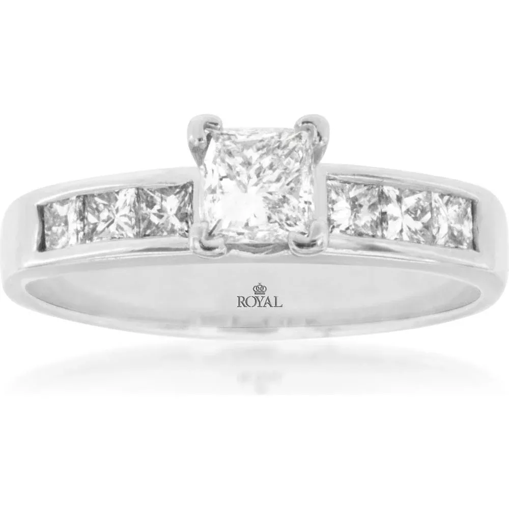 Royal 14K White Gold Princess-Cut Diamond Engagement Ring - 0.48 Carat Main Stone with 0.42 Carat Additional Diamonds