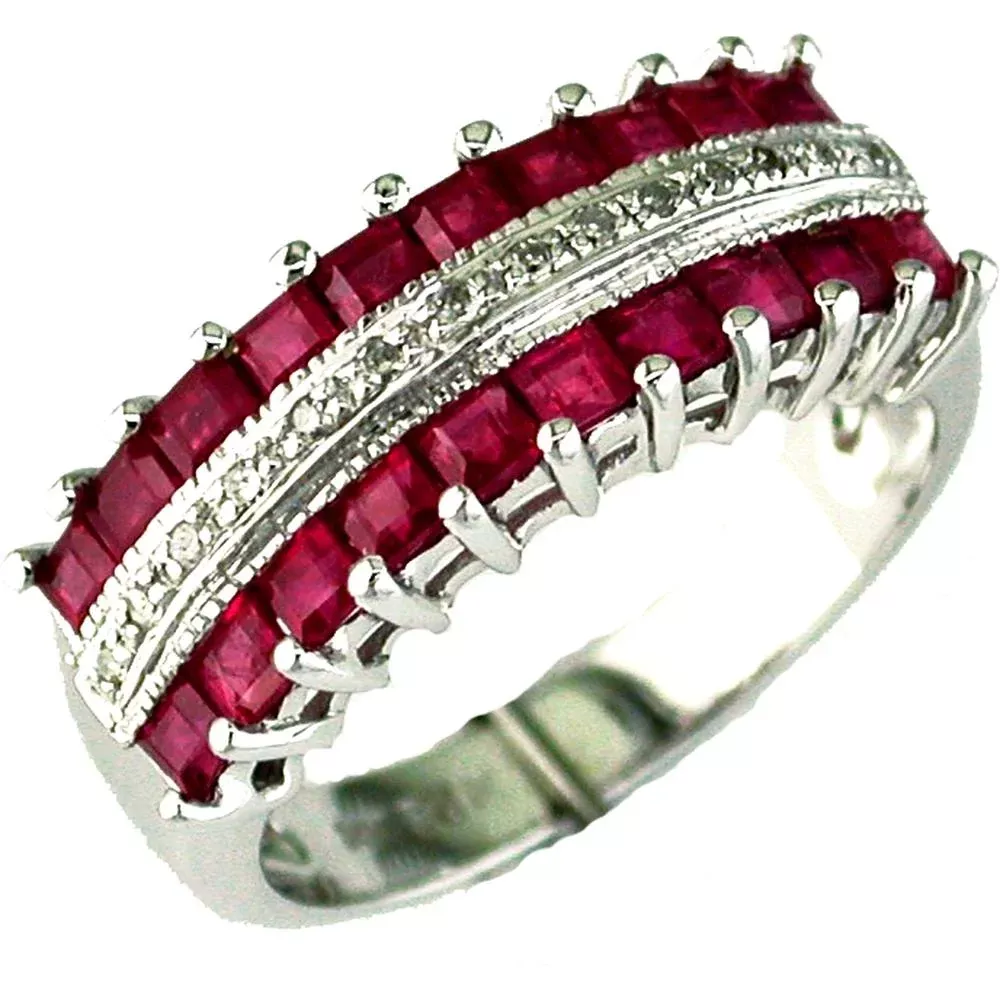 Royal 14K White Gold Princess Cut Ruby & Diamond Ring - Elegant Fashion Statement