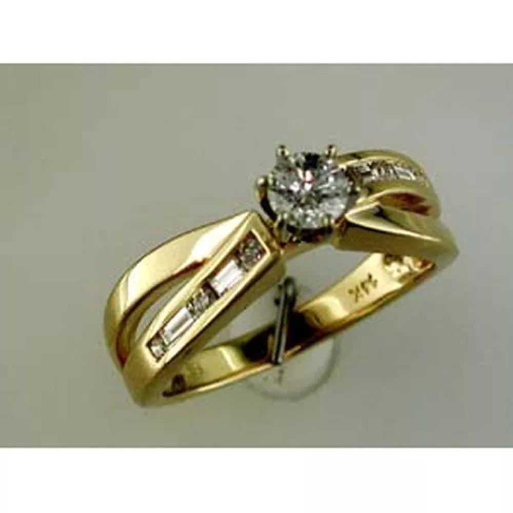 Royal 14K Yellow Gold 0.37 Carat Round Diamond Engagement Ring with Baguette Accent Diamonds
