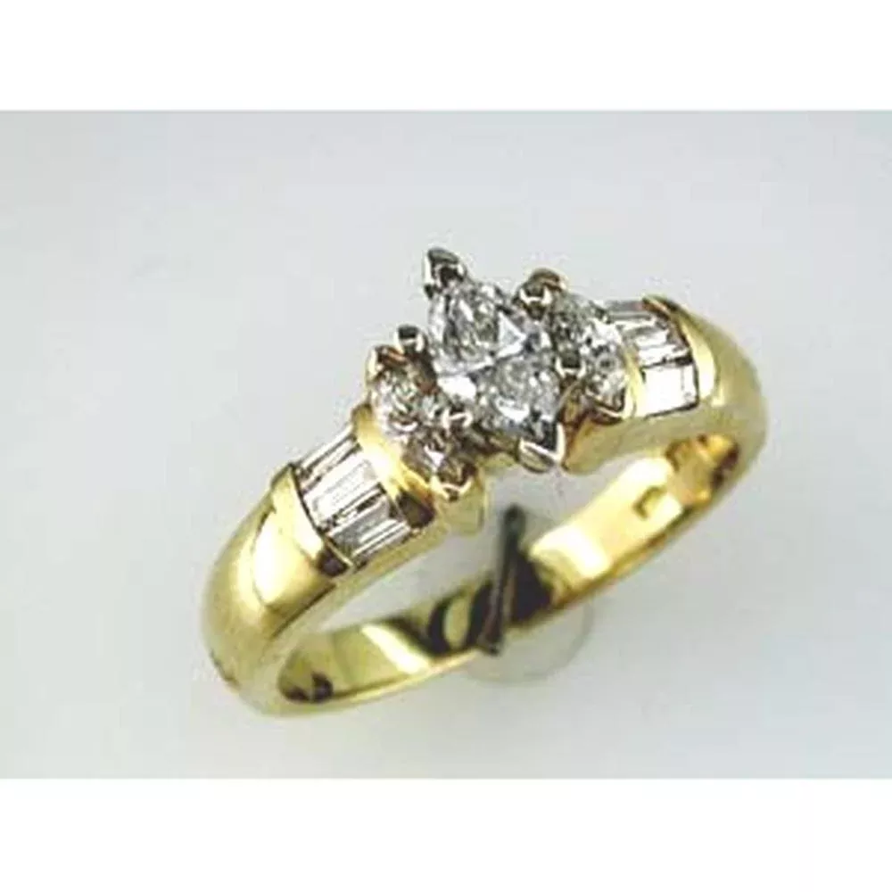 Royal 14K Yellow Gold Marquise Diamond Engagement Ring - 0.30 Carat Baguette Diamonds