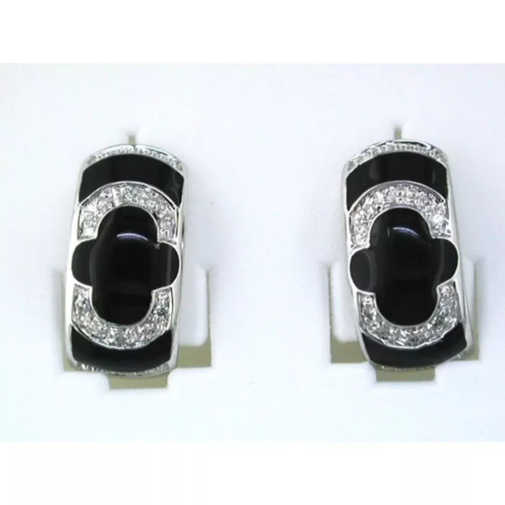 Royal Elegant 14K White Gold Diamond & Black Enamel Earrings - 0.12 Carat Total Diamond Weight