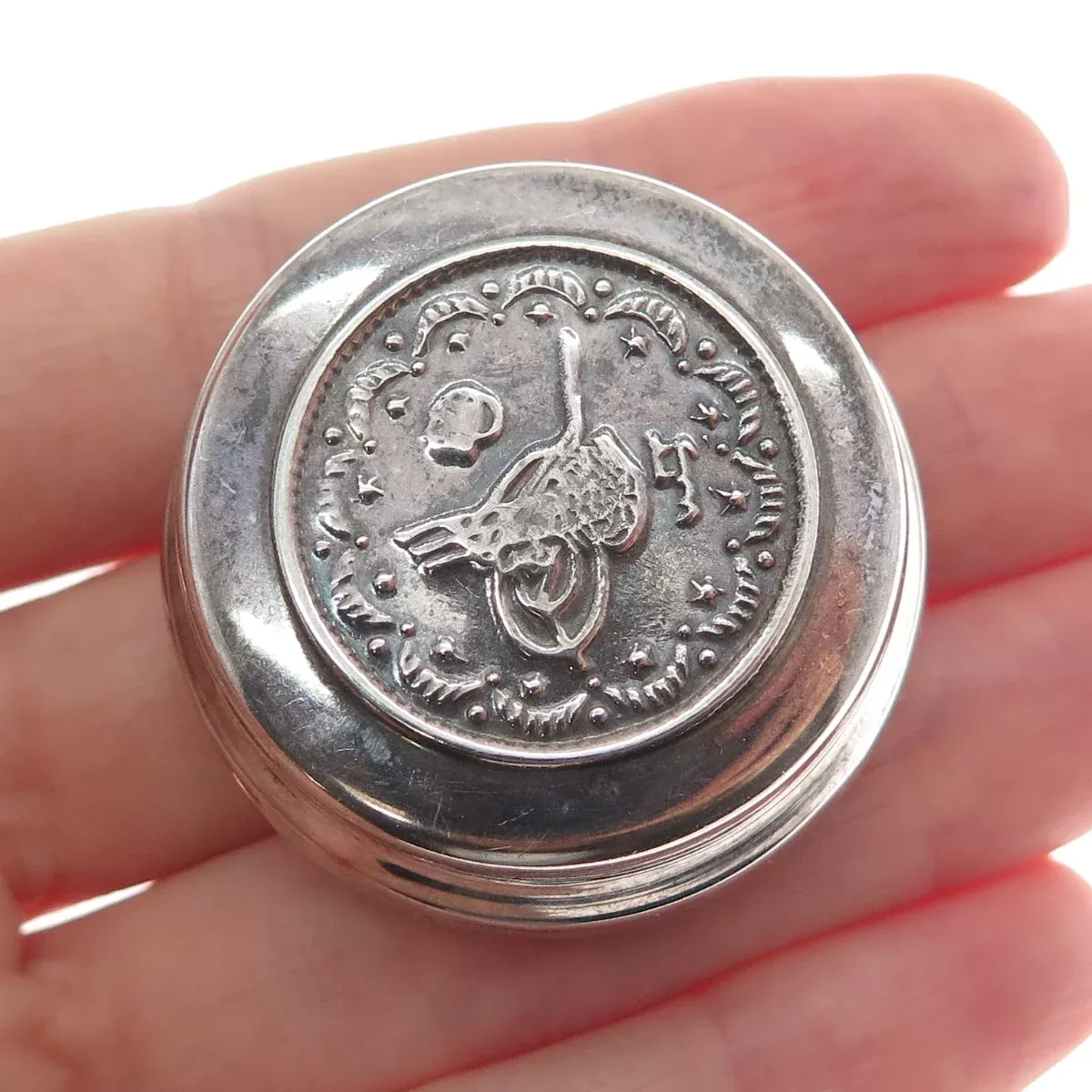 SENER 900 Silver Vintage Allah Religious Oxidized Pill Box