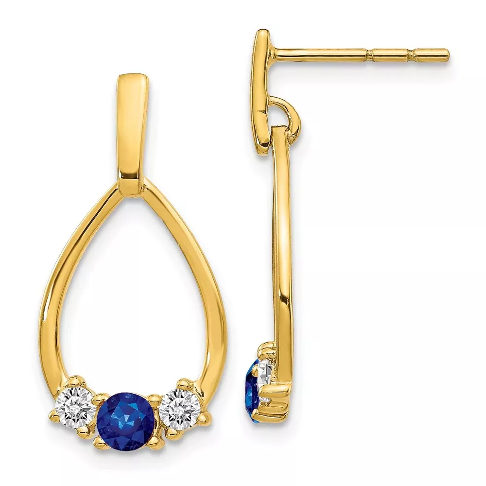 Solid 14k Yellow Gold Blue and White Simulated Sapphire Post Dangle Earrings