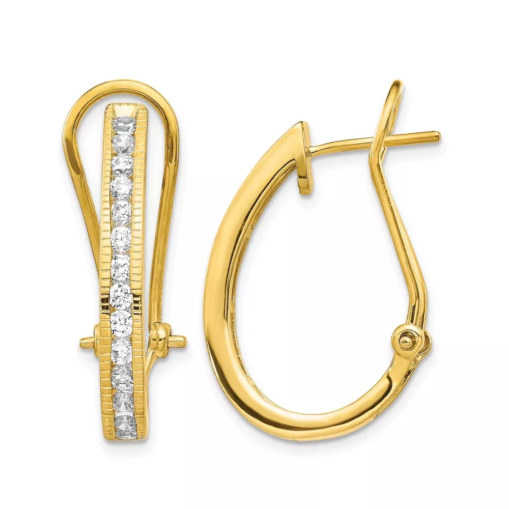 Solid 14k Yellow Gold Simulated CZ Omega BacK Hoop Earrings