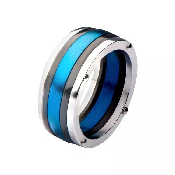 Steel, Black IP & Blue IP Polished Ring