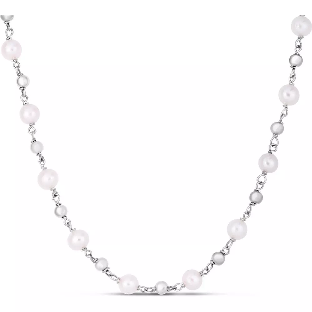 Sterling Silver 18" Alternating Freshwater Pearl and Bead Necklace with Lobster Clasp by Orozza Fine Jewelry