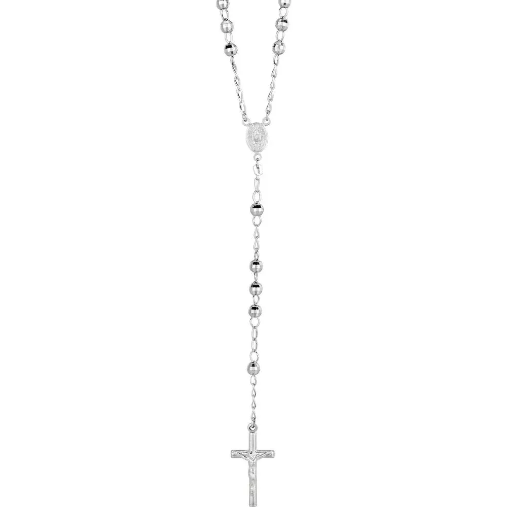 Sterling Silver 26" Large Bead Rosary Necklace with Diamond-Cut Textured Finish by Orozza Fine Jewelry