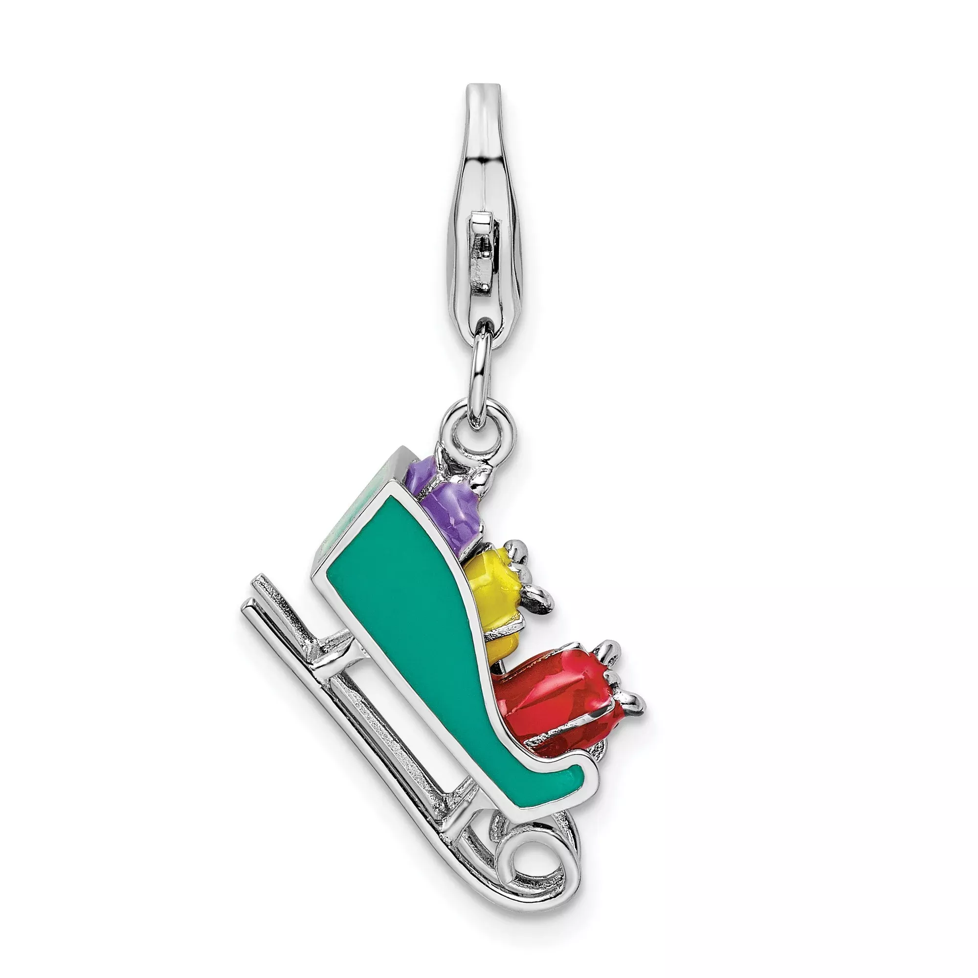 Sterling Silver Christmas Sleigh Charm with Enameled Green Sled and Boxes