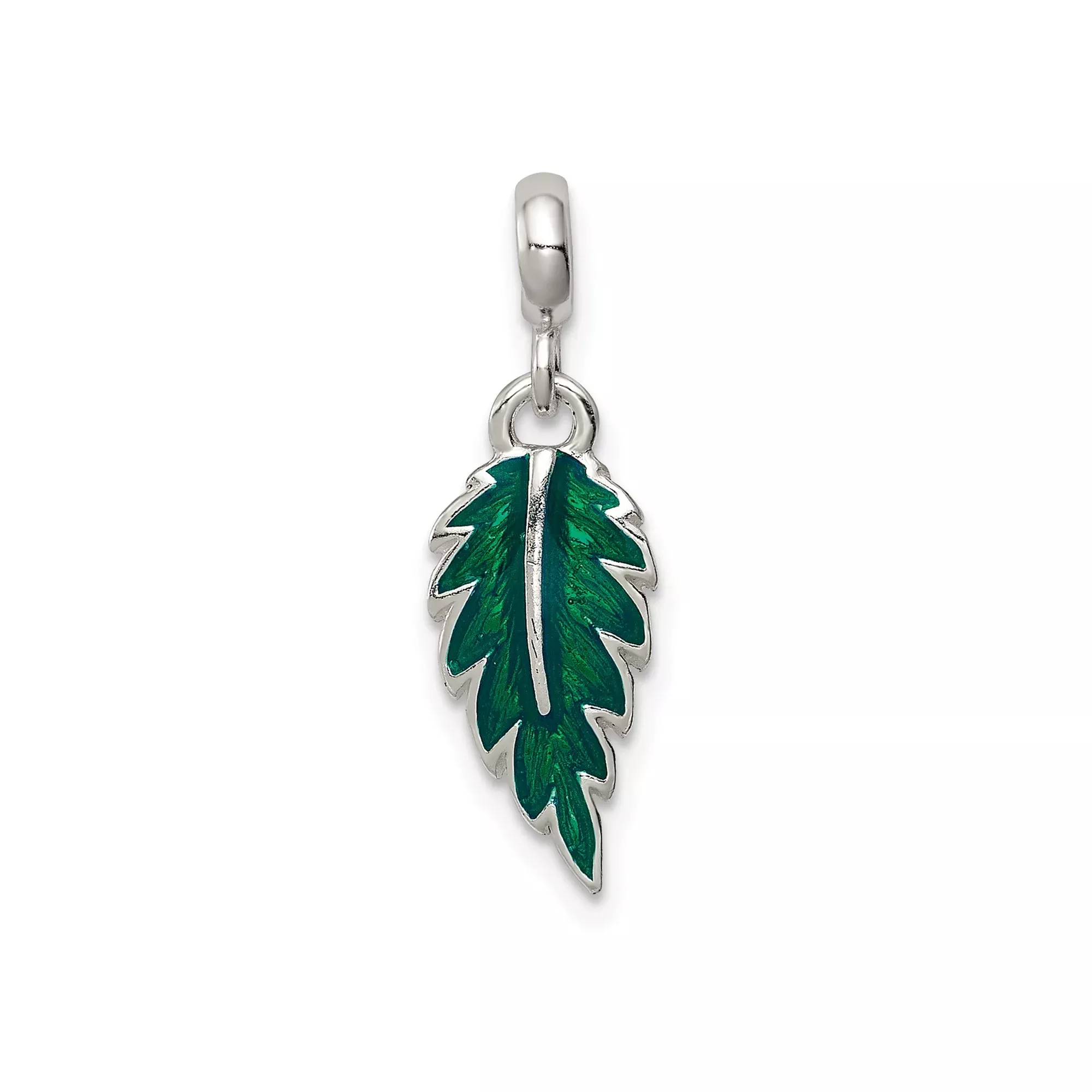 Sterling Silver Leaf Pendant Charm with Green Enamel, Nature-Inspired Botanical Jewelry